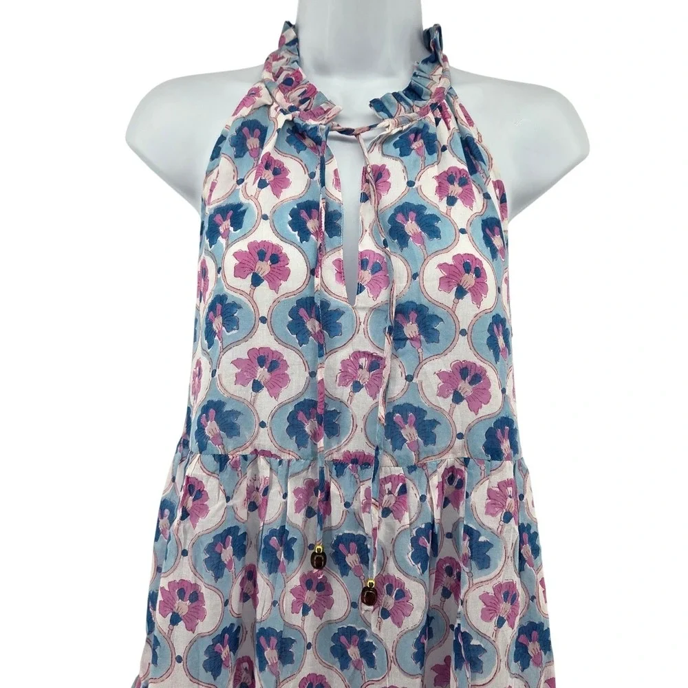 Oliphant Sleeveless Tiered Mini Dress Iris Blue Floral Halter L Boho Summer - Picture 8 of 10